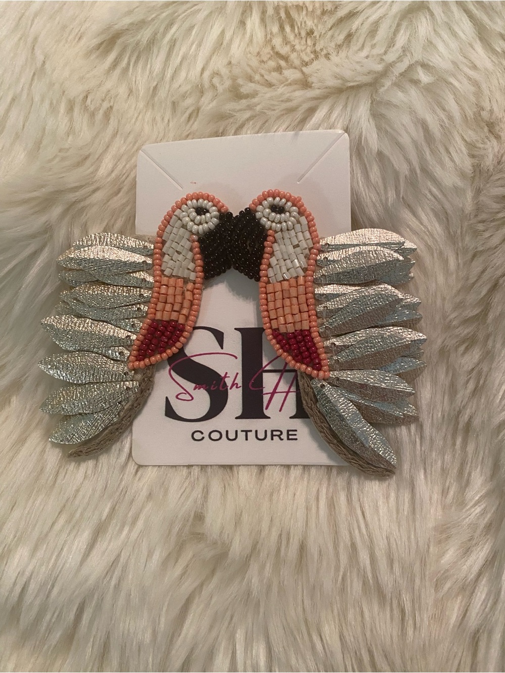 Beaded Parrot Wing Statement Earrings - Coral, Peach & Silver